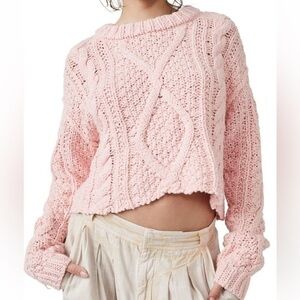 🆕FREE PEOPLE Cutting Edge Cotton Chunky Cable Knit Turtleneck Sweater NWT Pink
